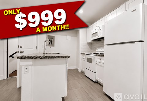 A kitchen with a price tag of $999 a month.