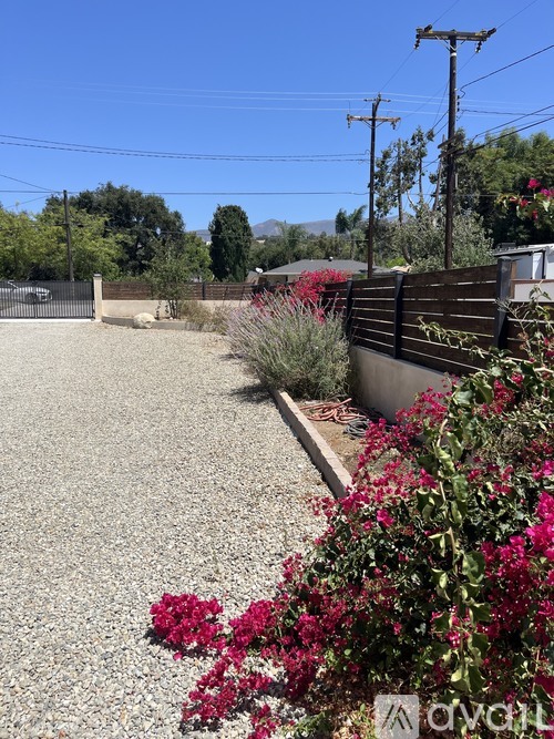 A gravel driveway leads to a house with a wooden fence and flowering plants.