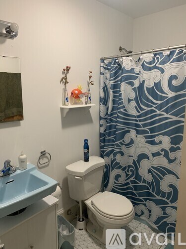 A bathroom with a blue shower curtain and a white toilet.