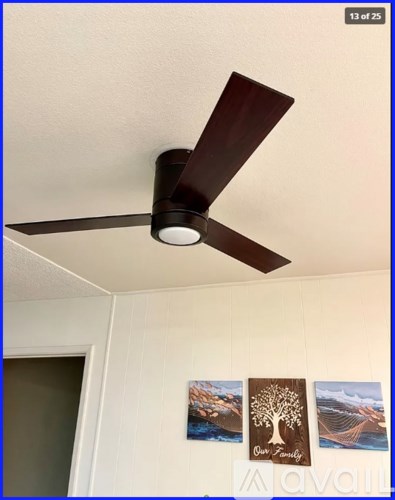 A ceiling fan with a light on, mounted in a room with two pictures on the wall below it.