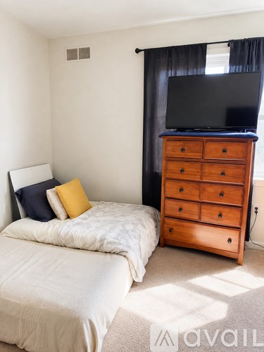 A bedroom with a bed, dresser, and television.