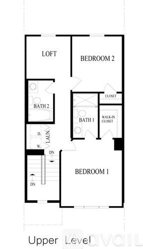 A floor plan of an upper level apartment with two bedrooms, two bathrooms, a laundry area, and a loft.