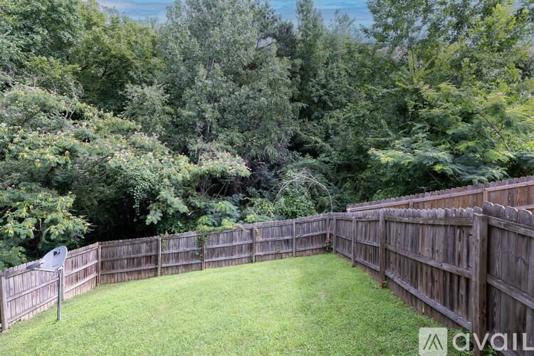 A backyard with a wooden fence and green grass.