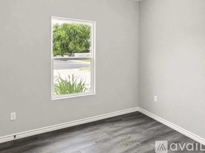 A room with a window showing a street and trees outside.
