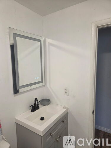 A bathroom with a sink, mirror, and toilet paper holder.