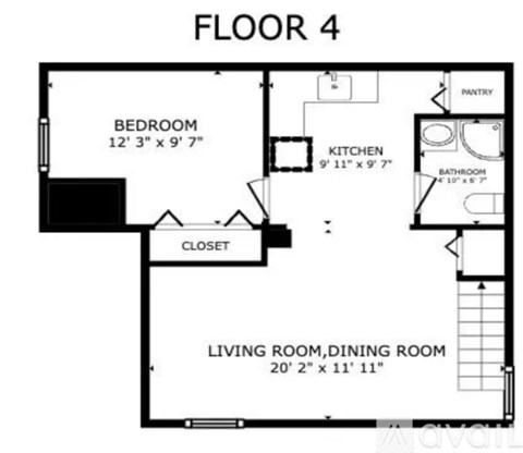 A floor plan of a 4th floor apartment with a bedroom, living room, dining room, kitchen and pantry.