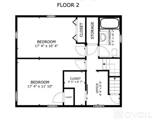 Floor 2 layout of a house with two bedrooms, an office and storage space.