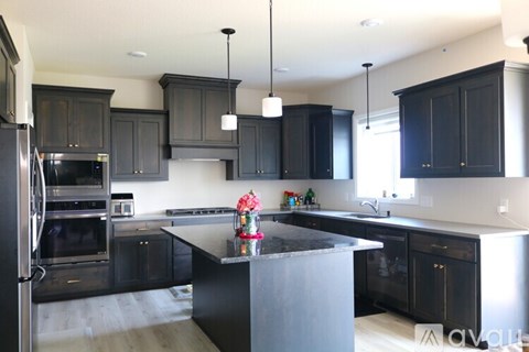 A kitchen with black cabinets and a black island.