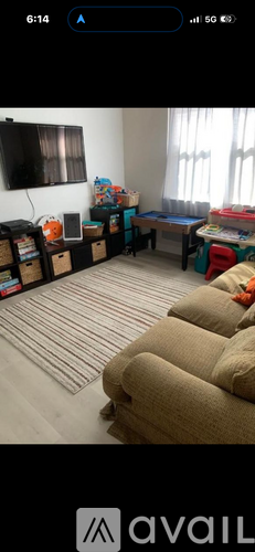 A living room with a couch, a television, and a window with curtains.