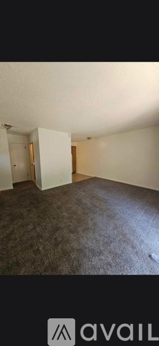 A room with a carpeted floor and a door on the left side.