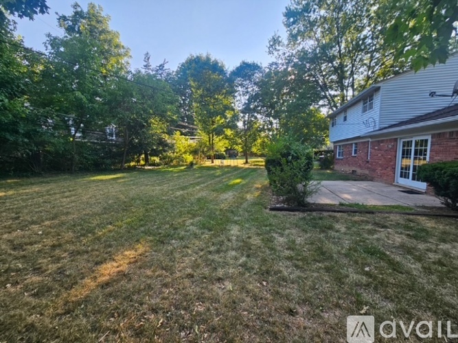 A backyard with a lawn and a house in the background.