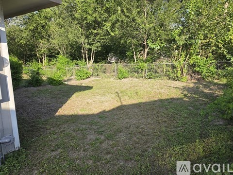 A backyard with a fence and trees.