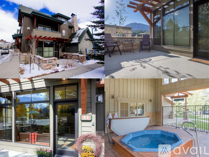 A collage of four different houses with various features such as a hot tub, a balcony, and a covered patio.