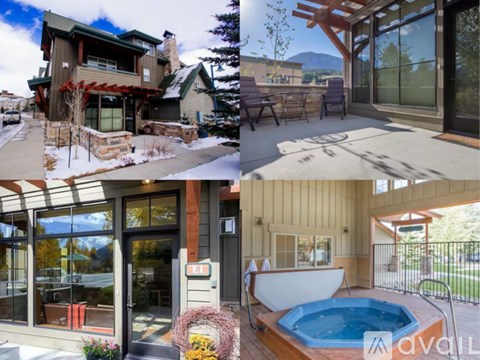A collage of four different houses with various features such as a hot tub, a balcony, and a covered patio.