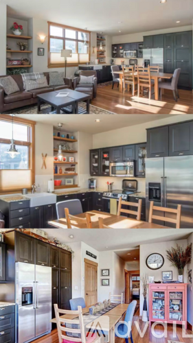 A collage of images showing various modern kitchens and living rooms.
