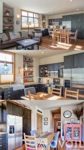 A collage of images showing various modern kitchens and living rooms.