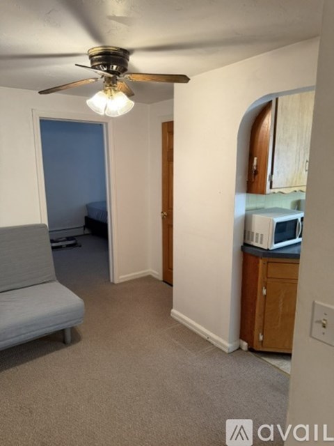 A living room with a grey sofa and a ceiling fan.
