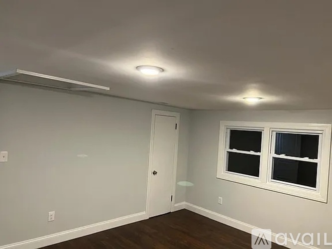 A room with a door, a window, and a light fixture on the ceiling.