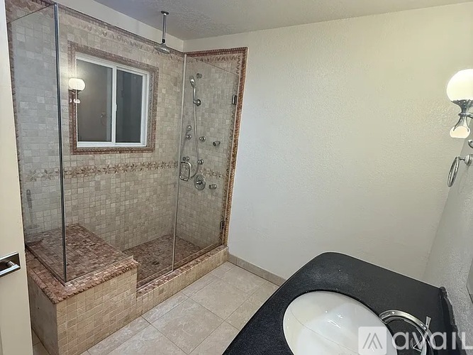 A bathroom with a walk-in shower and a toilet.
