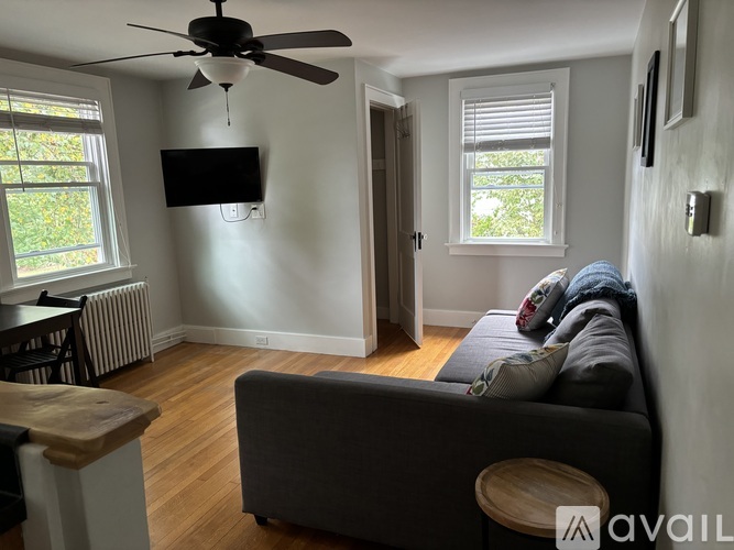 A living room with a grey couch and a ceiling fan.