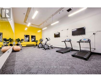 A gym with treadmills, exercise bikes, and a television.