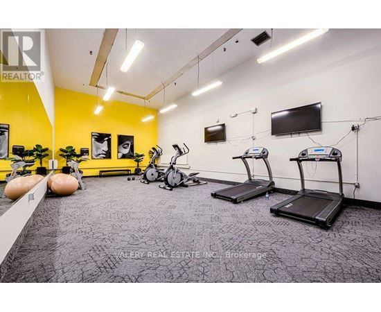A gym with treadmills, exercise bikes, and a television.
