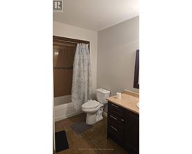 A bathroom with a toilet, sink, and shower curtain.