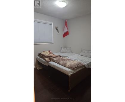 A bedroom with a bed and a flag on the wall.