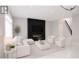 A modern living room with a fireplace and white furniture.
