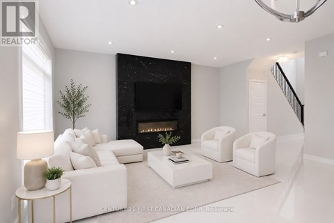 A modern living room with a fireplace and white furniture.