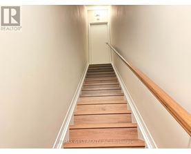 A long flight of wooden stairs leads to a door at the end.