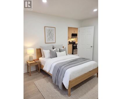 A bedroom with a large bed, a nightstand with a lamp, and a framed picture on the wall.