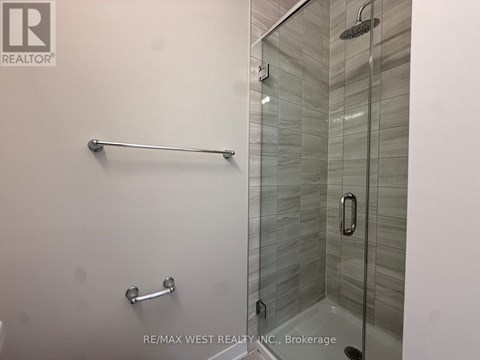 A glass shower stall with a glass door and a silver grab bar.