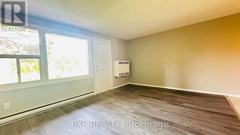 A room with wooden flooring and a window overlooking trees.