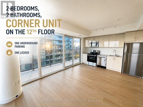 A corner unit on the 12th floor with 2 bedrooms and 2 bathrooms.