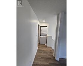 A hallway with a refrigerator in the doorway.