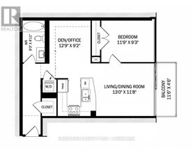 A floor plan for a home with a den/office, bedroom, and living/dining room.