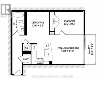 A floor plan for a home with a den/office, bedroom, and living/dining room.
