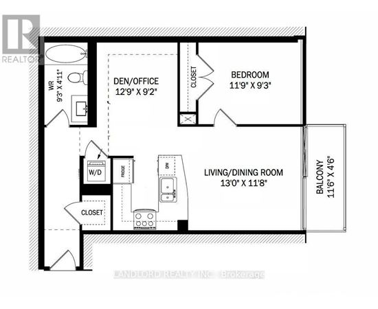 A floor plan for a home with a den/office, bedroom, and living/dining room.