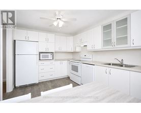 A white kitchen with a refrigerator, microwave, oven, sink, and cabinets.