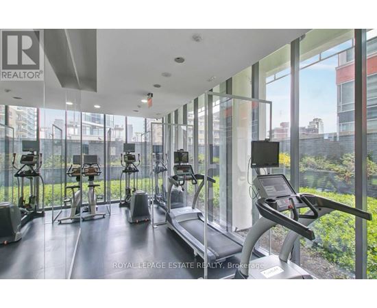 A gym with treadmills and exercise bikes.