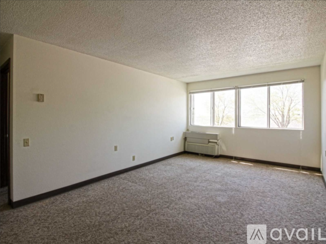 A room with a carpeted floor and a window.