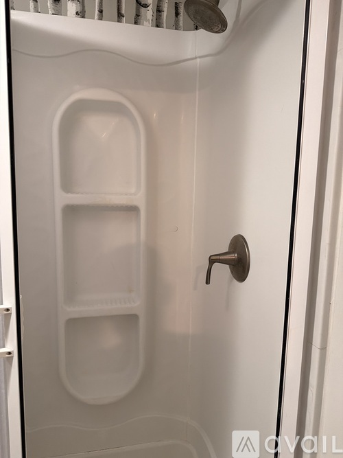 A white shower stall with a silver handle and a silver shower head.