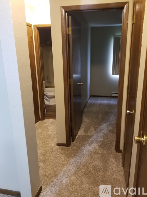 A hallway with a carpeted floor and a door on the right.