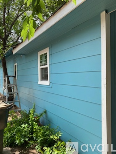 A blue house with a window and plants in front.
