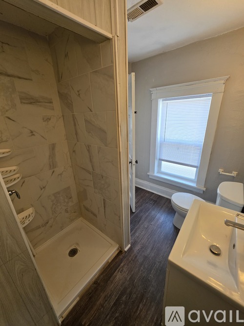 A bathroom with a walk-in shower and a toilet.