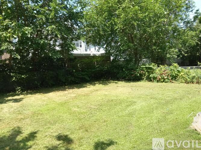 A backyard with a lawn and trees.