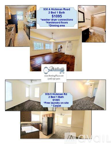 A real estate listing for a 2 bedroom apartment at 930 A Hickman Road for $1,095.