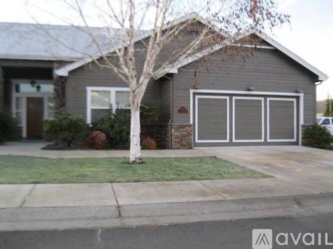 A house with a grey roof and a tree in front.