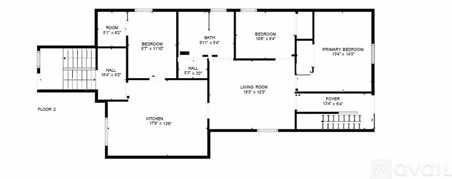 A floor plan of a house with a living room, two bedrooms, a bathroom, and a kitchen.